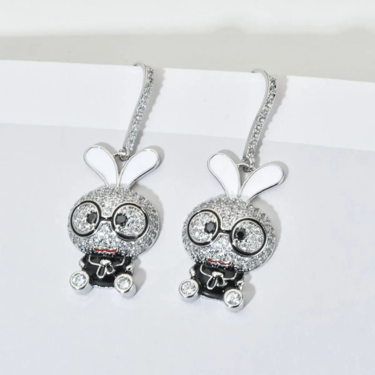 1 Pair Cute Rabbit Enamel Plating Inlay Copper Zircon White Gold Plated Drop Earrings