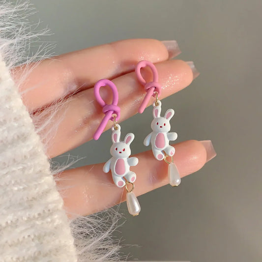 1 Pair Cute Rabbit Enamel Stoving Varnish Alloy Drop Earrings