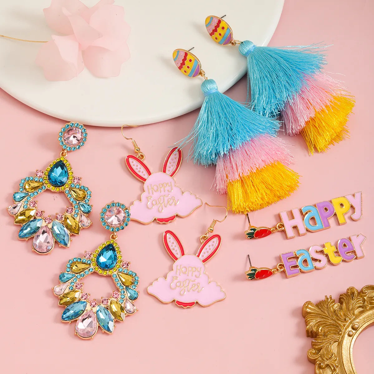 1 Pair Cute Rabbit Letter Tassel Plating Inlay Alloy Rhinestones Drop Earrings