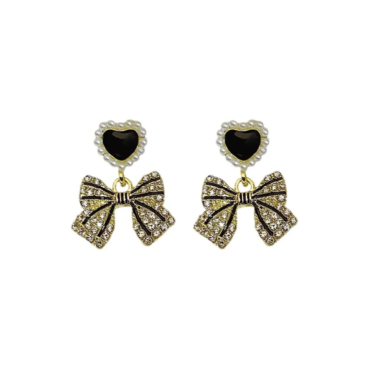 1 Pair Cute Retro Heart Shape Bow Knot Plating Inlay Alloy Zircon Drop Earrings