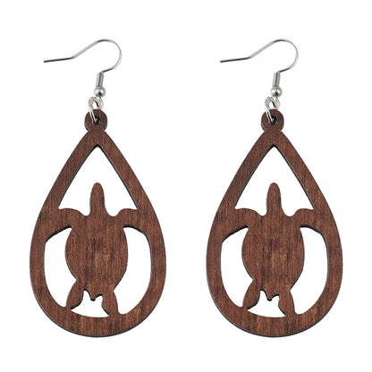 1 Pair Cute Retro Tortoise Water Droplets Hollow Out Wood Drop Earrings