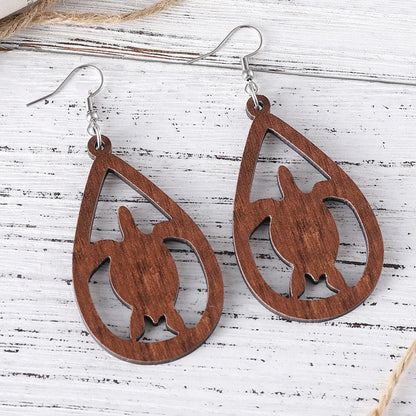 1 Pair Cute Retro Tortoise Water Droplets Hollow Out Wood Drop Earrings