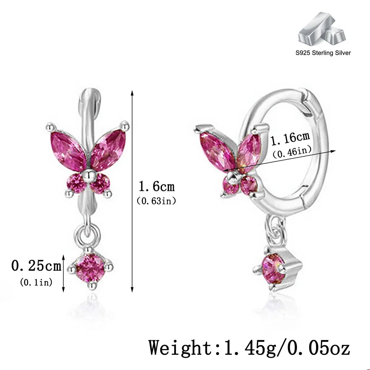 1 Pair Cute Romantic Pastoral Butterfly Butterfly Inlay Sterling Silver Zircon White Gold Plated Gold Plated Earrings