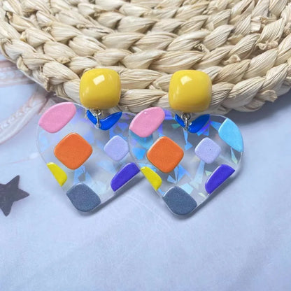 1 Pair Cute Round Color Block Heart Shape Arylic Drop Earrings