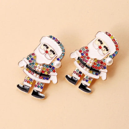 1 Pair Cute Santa Claus Enamel Inlay Metal Rhinestones Pearl Ear Studs