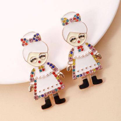 1 Pair Cute Santa Claus Enamel Inlay Metal Rhinestones Pearl Ear Studs