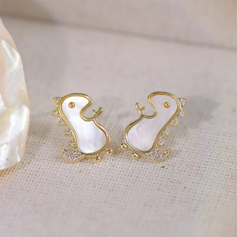 1 Pair Cute Simple Style Dinosaur Plating Inlay Copper Shell Zircon 14k Gold Plated Ear Studs