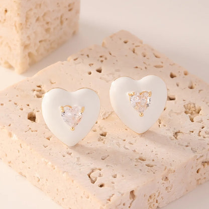 1 Pair Cute Simple Style Heart Shape Enamel Inlay Copper Zircon Gold Plated Ear Studs