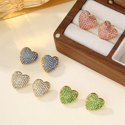 1 Pair Cute Simple Style Shiny Heart Shape Inlay 304 Stainless Steel Zircon 18K Gold Plated Ear Studs