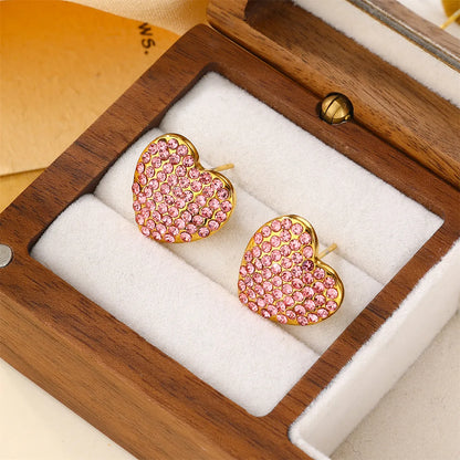 1 Pair Cute Simple Style Shiny Heart Shape Inlay 304 Stainless Steel Zircon 18K Gold Plated Ear Studs