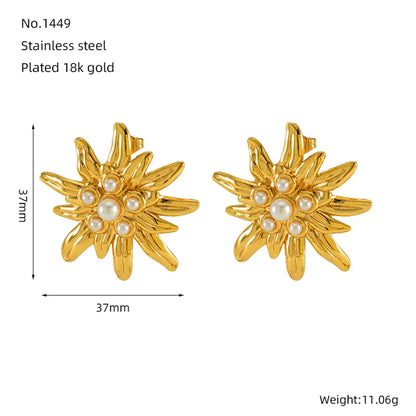 1 Pair Cute Simple Style Sunflower Inlay 304 Stainless Steel Artificial Pearls 18K Gold Plated Ear Studs