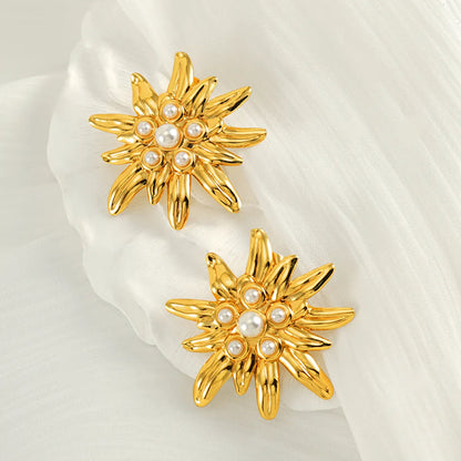 1 Pair Cute Simple Style Sunflower Inlay 304 Stainless Steel Artificial Pearls 18K Gold Plated Ear Studs