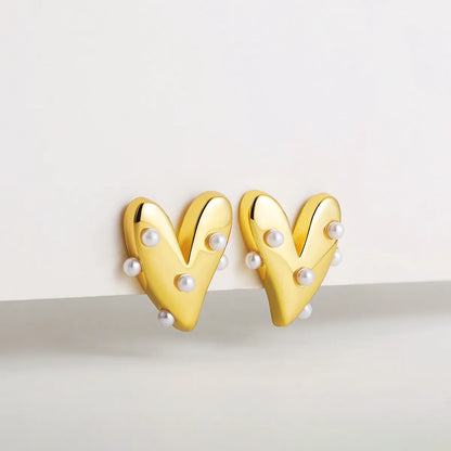 1 Pair Cute Solid Color Shiny Heart Shape Inlay 304 Stainless Steel Copper Pearl Ear Studs