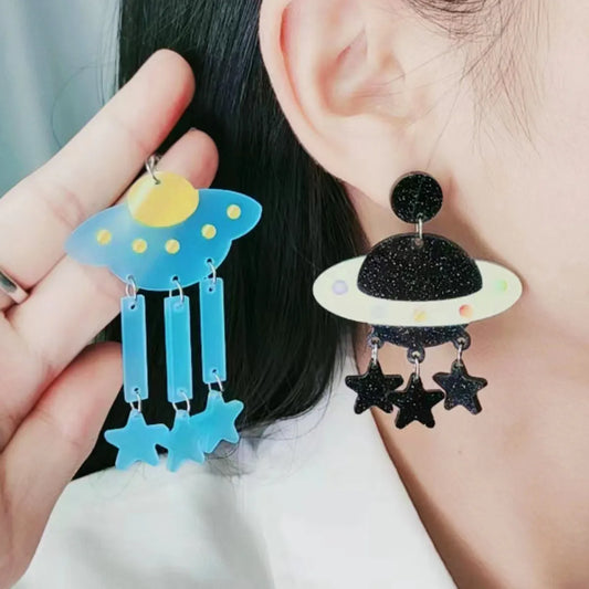 1 Pair Cute Spaceship Printing Arylic Drop Earrings