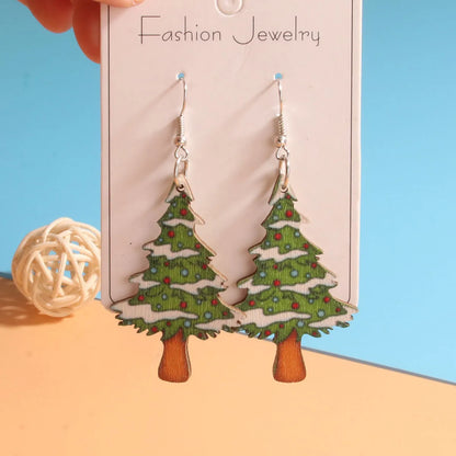 1 Pair Cute Sweet Artistic Santa Claus Tree Snowman Stainless Steel Wood Drop Earrings