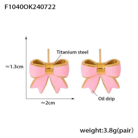 1 Pair Cute Sweet Bow Knot Enamel Plating Titanium Steel 18K Gold Plated Ear Studs