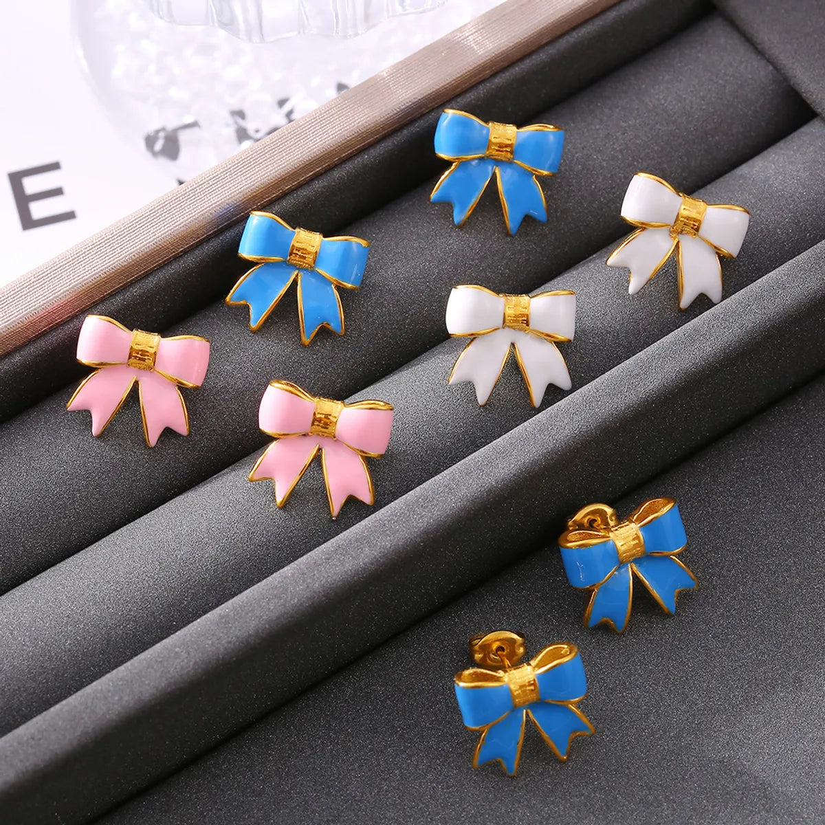 1 Pair Cute Sweet Bow Knot Enamel Plating Titanium Steel 18K Gold Plated Ear Studs