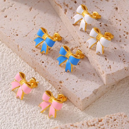 1 Pair Cute Sweet Bow Knot Enamel Plating Titanium Steel 18K Gold Plated Ear Studs