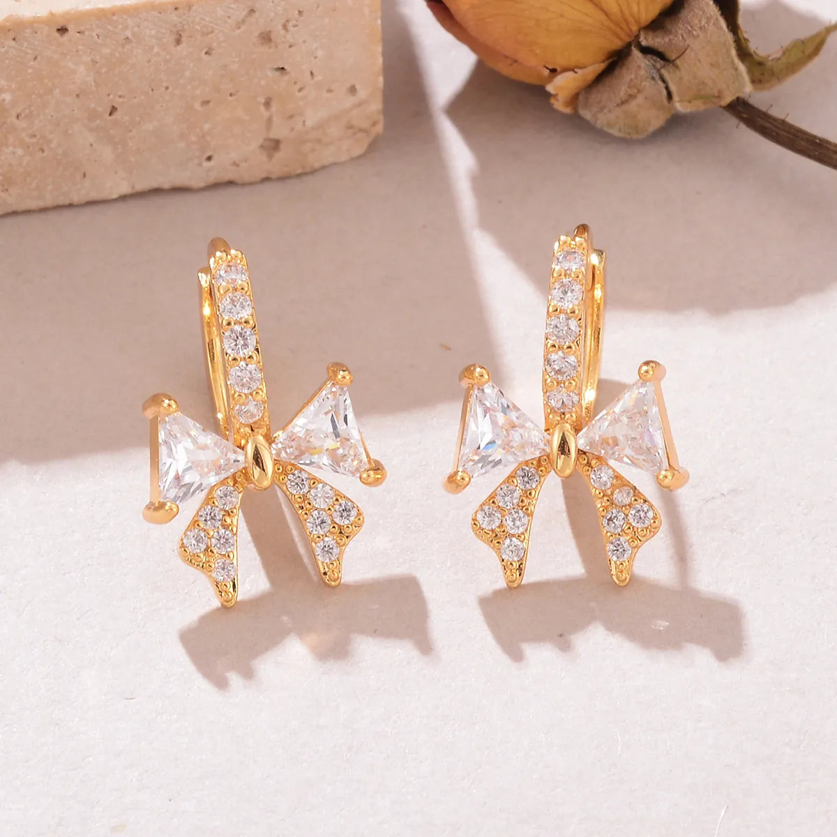 1 Pair Cute Sweet Bow Knot Inlay Copper Zircon 18K Gold Plated Earrings