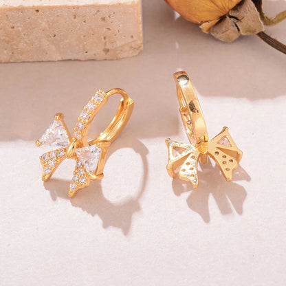 1 Pair Cute Sweet Bow Knot Inlay Copper Zircon 18K Gold Plated Earrings