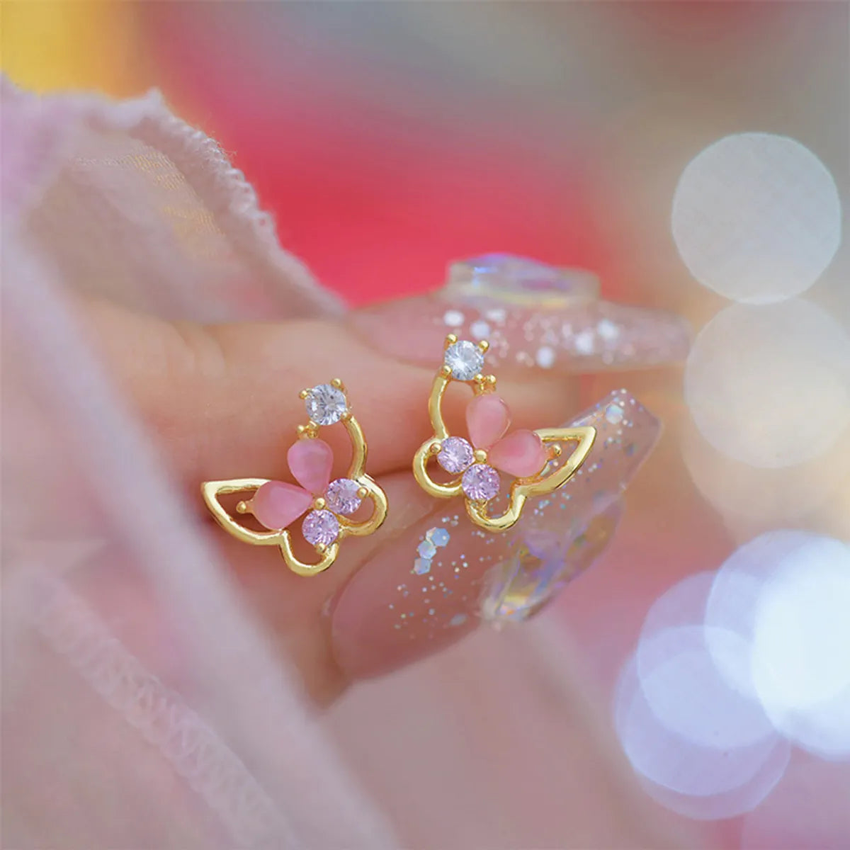 1 Pair Cute Sweet Butterfly Plating Inlay Copper Opal Zircon 14k Gold Plated Ear Studs