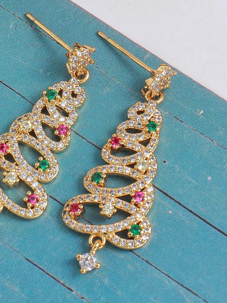 1 Pair Cute Sweet Christmas Tree Plating Inlay Copper Zircon 18k Gold Plated Drop Earrings