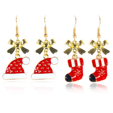 1 Pair Cute Sweet Commute Christmas Hat Christmas Socks Bow Knot Alloy Drop Earrings