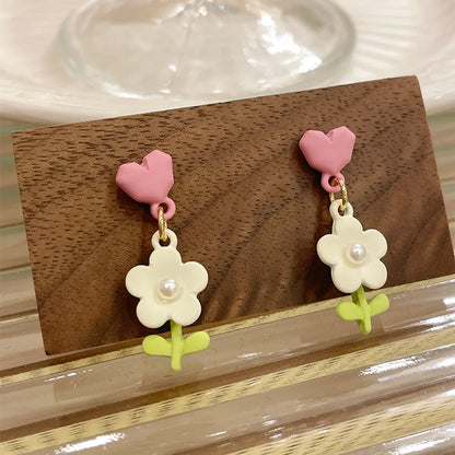 1 Pair Cute Sweet Flower Stoving Varnish Inlay Alloy Artificial Pearls Drop Earrings