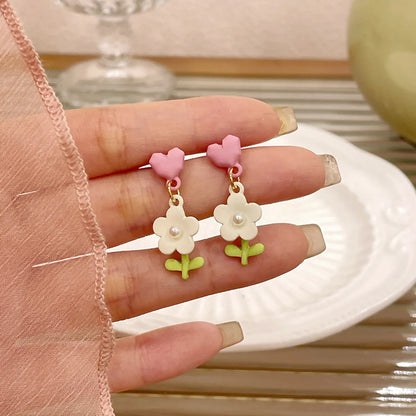 1 Pair Cute Sweet Flower Stoving Varnish Inlay Alloy Artificial Pearls Drop Earrings