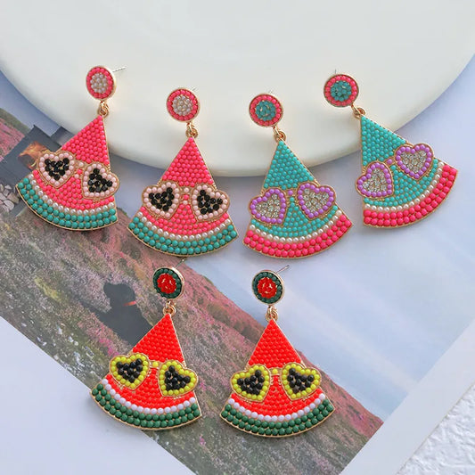 1 Pair Cute Sweet Fruit Watermelon Alloy Seed Bead Drop Earrings