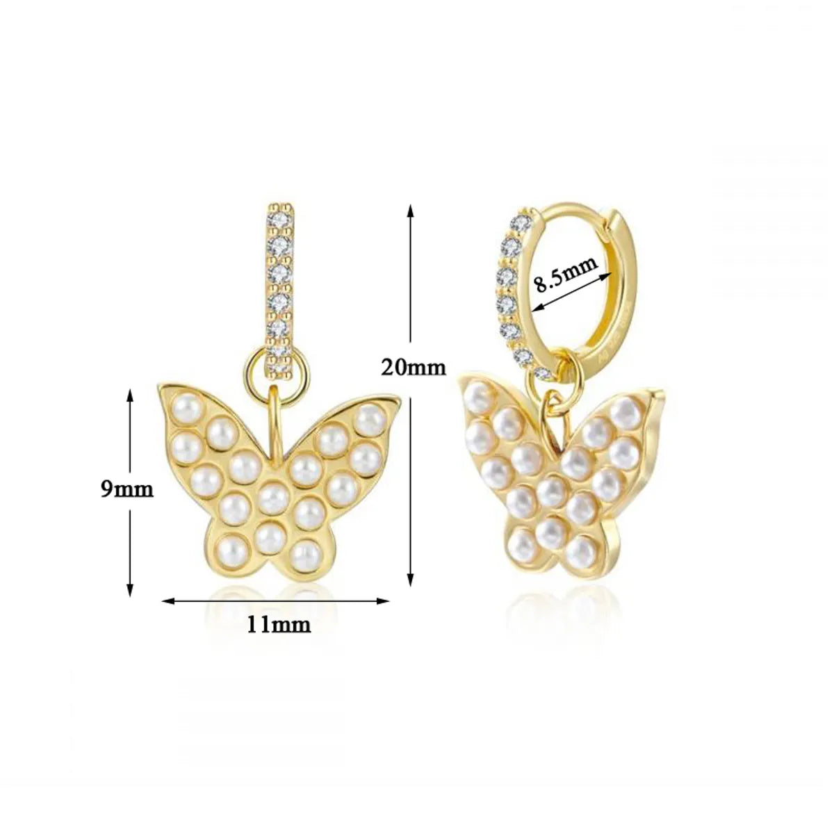 1 Pair Cute Sweet Heart Shape Butterfly Plating Inlay Copper Pearl Zircon 18k Gold Plated Drop Earrings