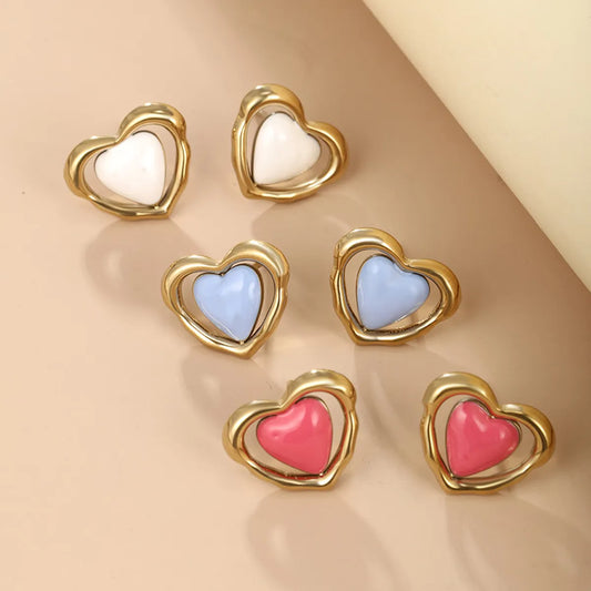 1 Pair Cute Sweet Heart Shape Enamel Plating Metal Stainless Steel 14k Gold Plated Ear Studs