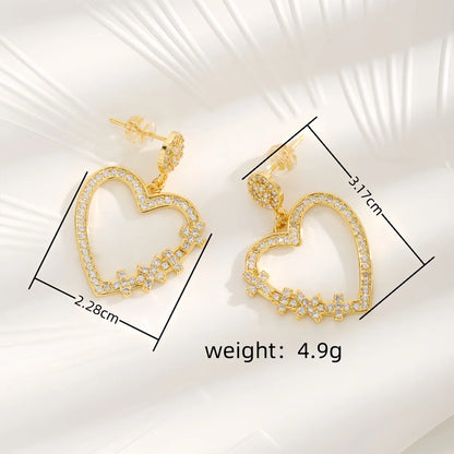 1 Pair Cute Sweet Heart Shape Inlay Copper Zircon 18K Gold Plated Drop Earrings