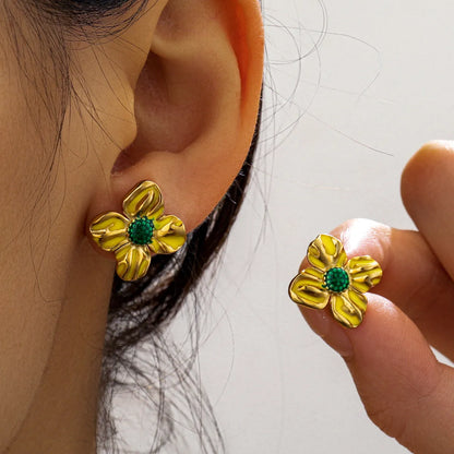 1 Pair Cute Sweet Pastoral Flower Enamel 304 Stainless Steel 18K Gold Plated Ear Studs