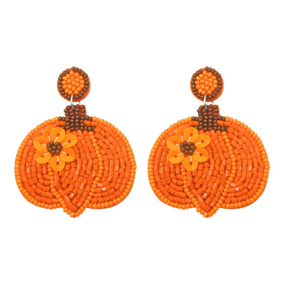 1 Pair Cute Sweet Pumpkin Leaves Flower Cloth Seed Bead Drop Earrings