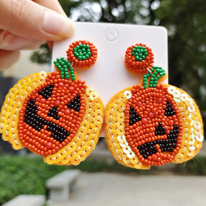 1 Pair Cute Sweet Pumpkin Leaves Flower Cloth Seed Bead Drop Earrings