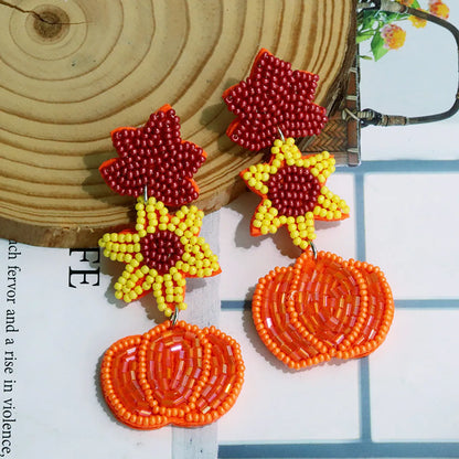 1 Pair Cute Sweet Pumpkin Leaves Flower Cloth Seed Bead Drop Earrings