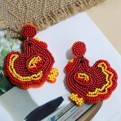 1 Pair Cute Sweet Pumpkin Leaves Flower Cloth Seed Bead Drop Earrings