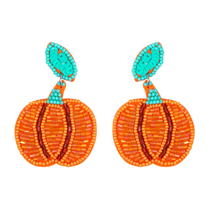 1 Pair Cute Sweet Pumpkin Leaves Flower Cloth Seed Bead Drop Earrings