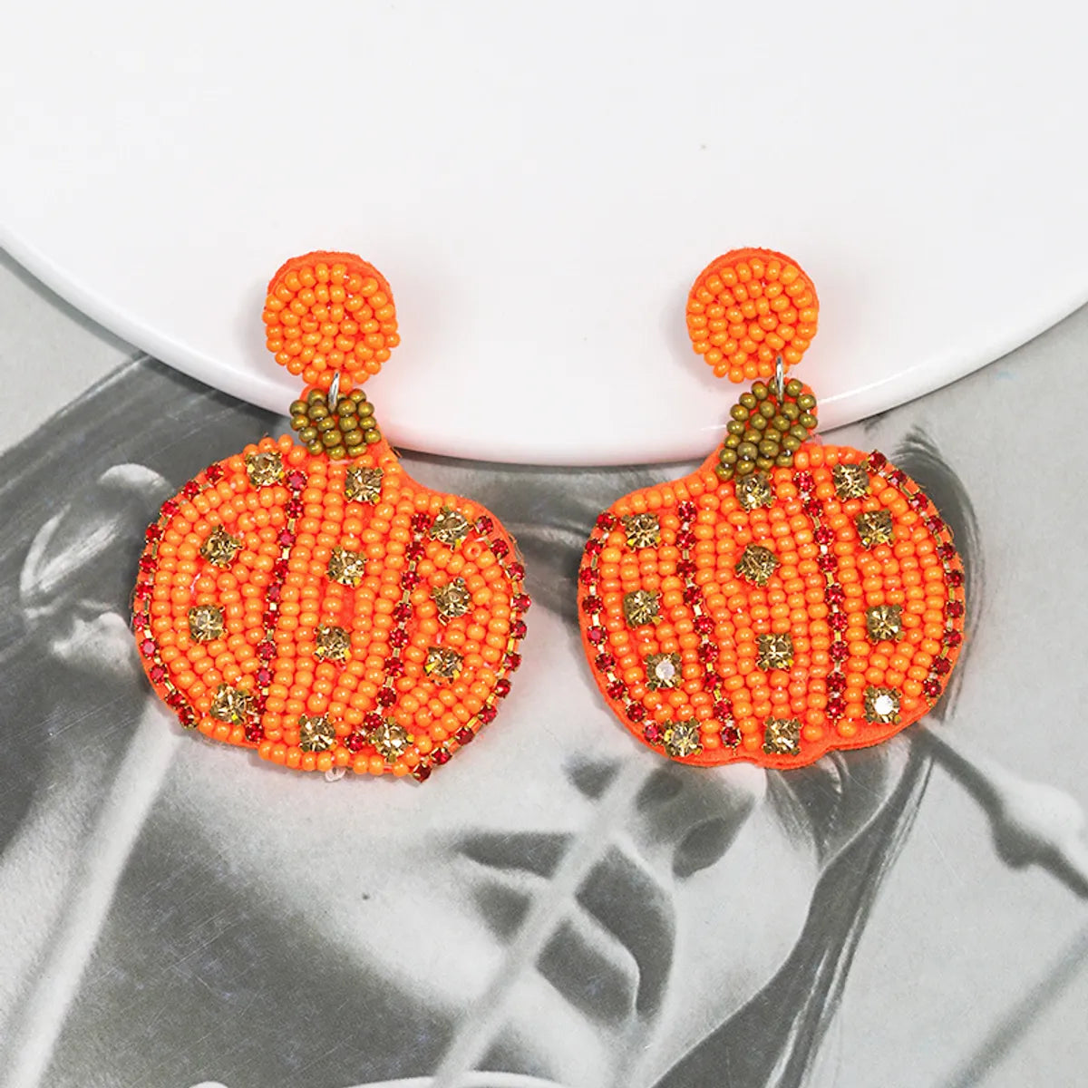 1 Pair Cute Sweet Pumpkin Leaves Flower Cloth Seed Bead Drop Earrings