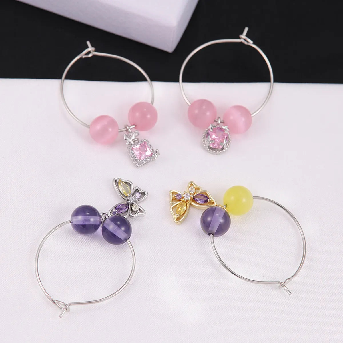 1 Pair Cute Sweet Round Square Butterfly Inlay Stainless Steel Copper Zircon Silver Plated Drop Earrings