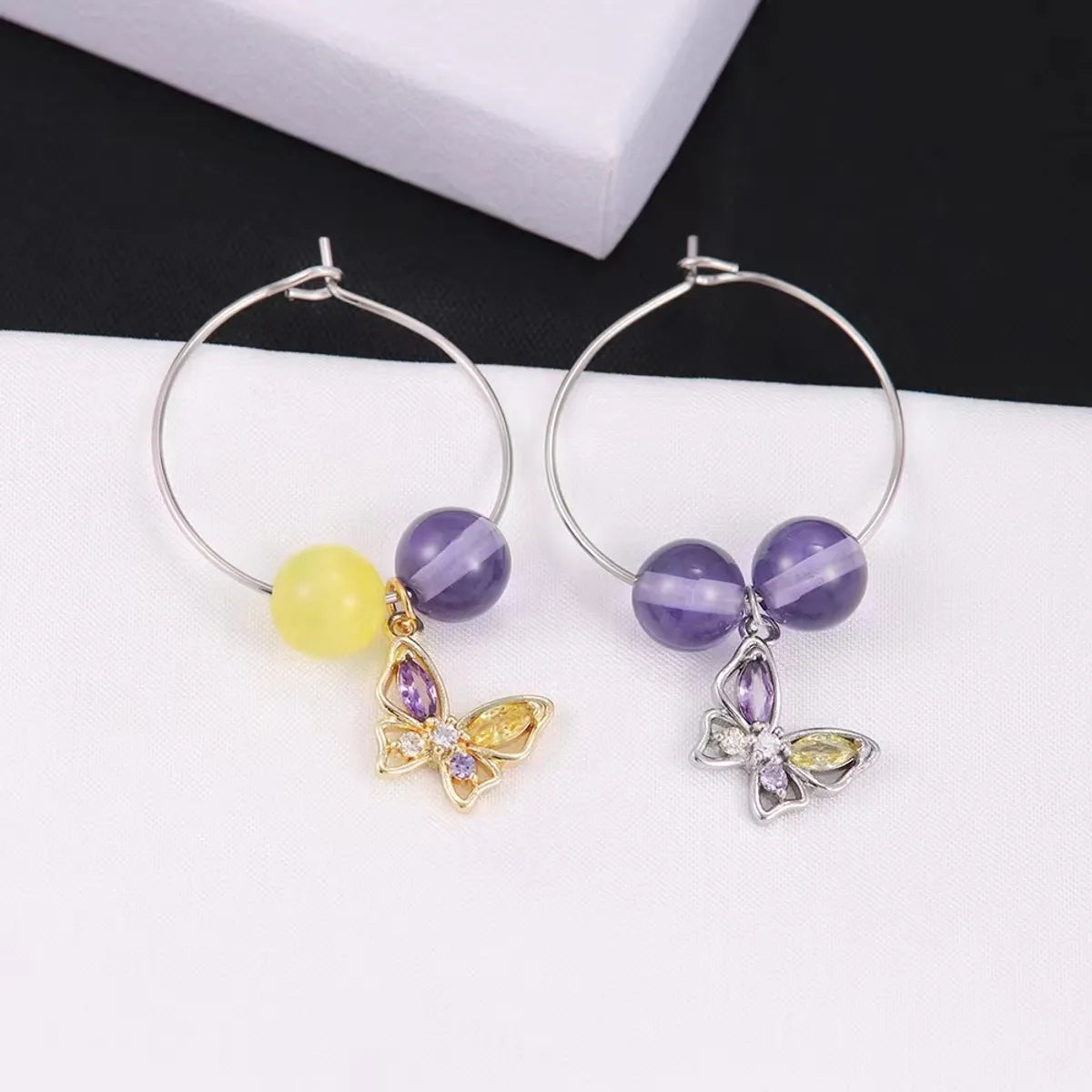 1 Pair Cute Sweet Round Square Butterfly Inlay Stainless Steel Copper Zircon Silver Plated Drop Earrings