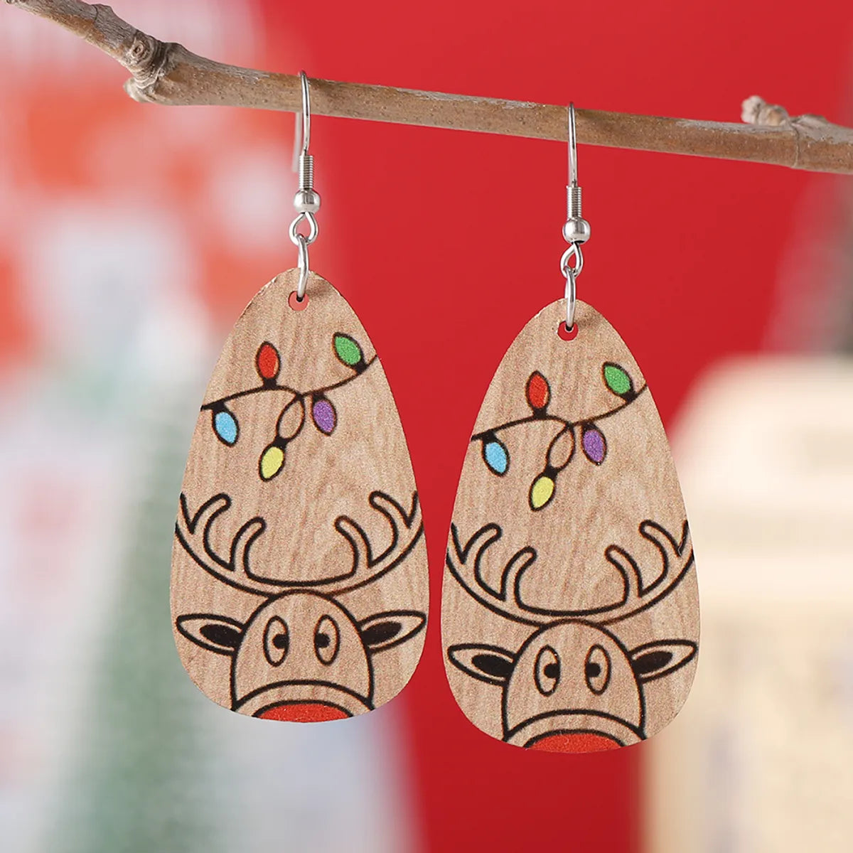 1 Pair Cute Vintage Style Elk Printing Wood Drop Earrings