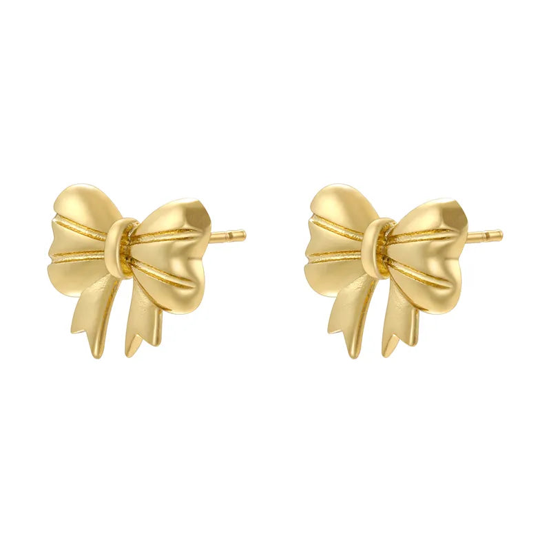 1 Pair Cute Water Droplets Heart Shape Bow Knot Inlay Copper Zircon 18K Gold Plated Ear Studs