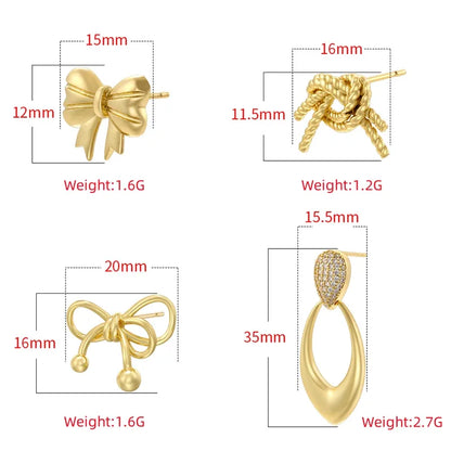 1 Pair Cute Water Droplets Heart Shape Bow Knot Inlay Copper Zircon 18K Gold Plated Ear Studs