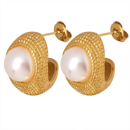 1 Pair Elegant Baroque Style C Shape Plating Inlay Titanium Steel Artificial Pearls 18K Gold Plated Ear Studs