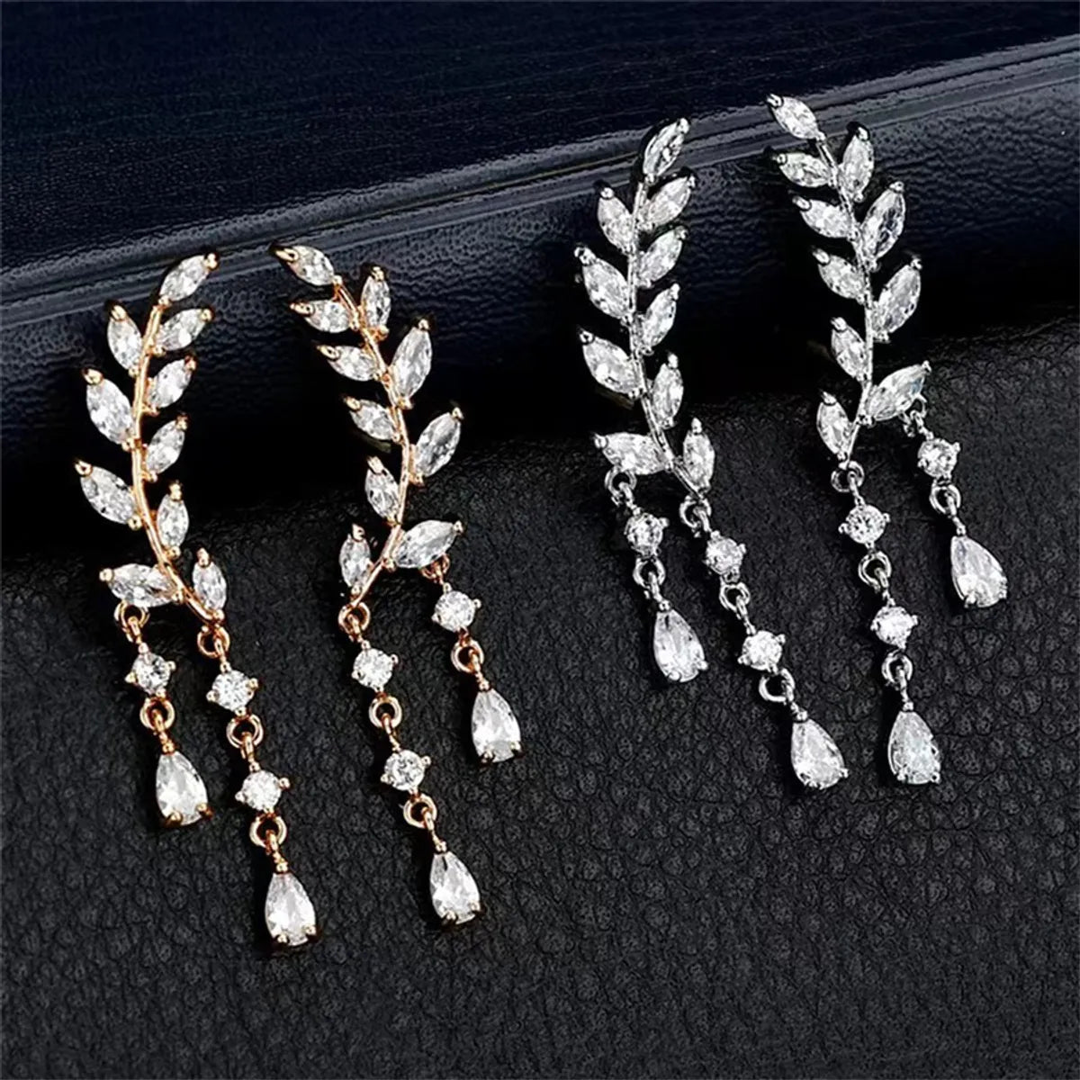 1 Pair Elegant Basic Lady Leaves Inlay Copper Zircon Drop Earrings