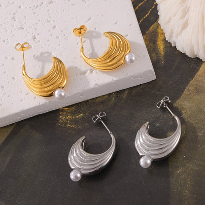 1 Pair Elegant British Style U Shape Round Plating Inlay 304 Stainless Steel Artificial Pearl Agate Artificial Pearls Agate 18K Gold Plated Ear Studs