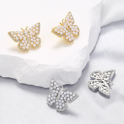 1 Pair Elegant Butterfly Copper Plating Inlay Pearl Zircon 18k Gold Plated Ear Studs