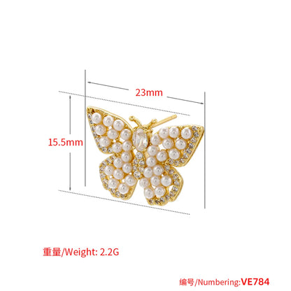 1 Pair Elegant Butterfly Copper Plating Inlay Pearl Zircon 18k Gold Plated Ear Studs